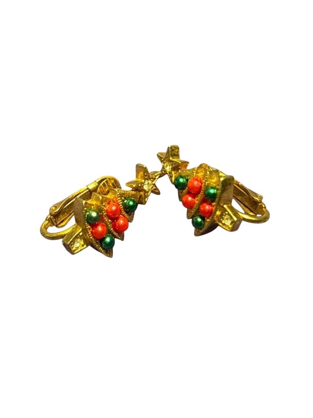 90s Avon Christmas Tree Clip On Earrings Goldtone Rhinestone Colorful Ornaments